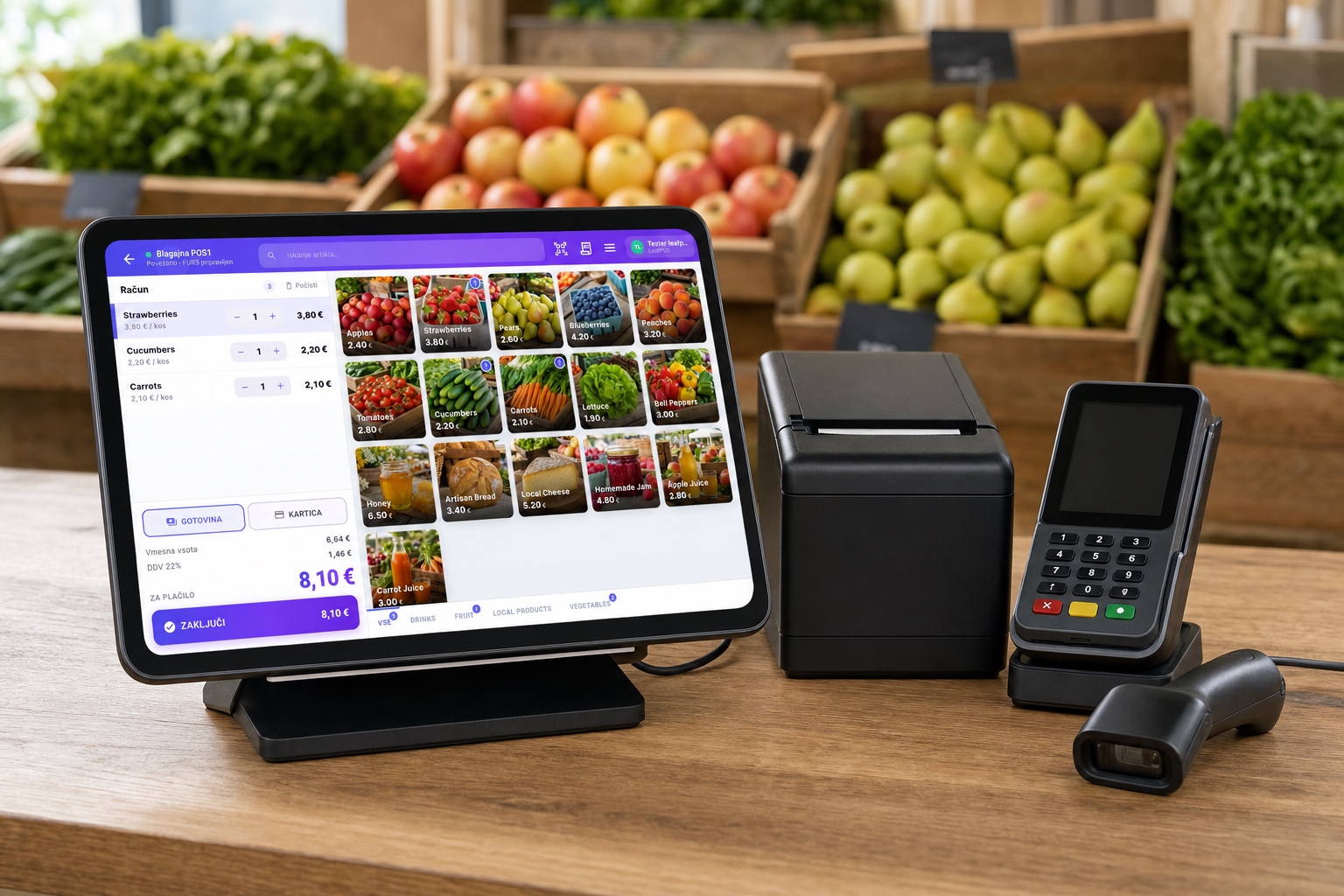 Tablica, tiskalnik računov in POS terminal na pultu trgovine