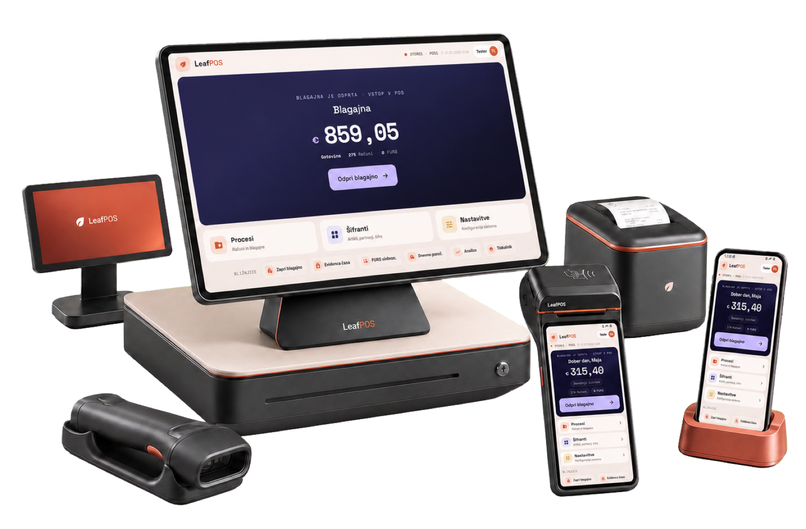 LeafPOS strojna oprema: tablica, dodatni zaslon, tiskalnik, POS terminal, čitalnik črtne kode in telefon