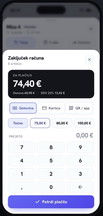 Zaključek računa na telefonu: znesek za plačilo, osnova in DDV, izbira načina plačila in bližnjice za pogoste zneske gotovine