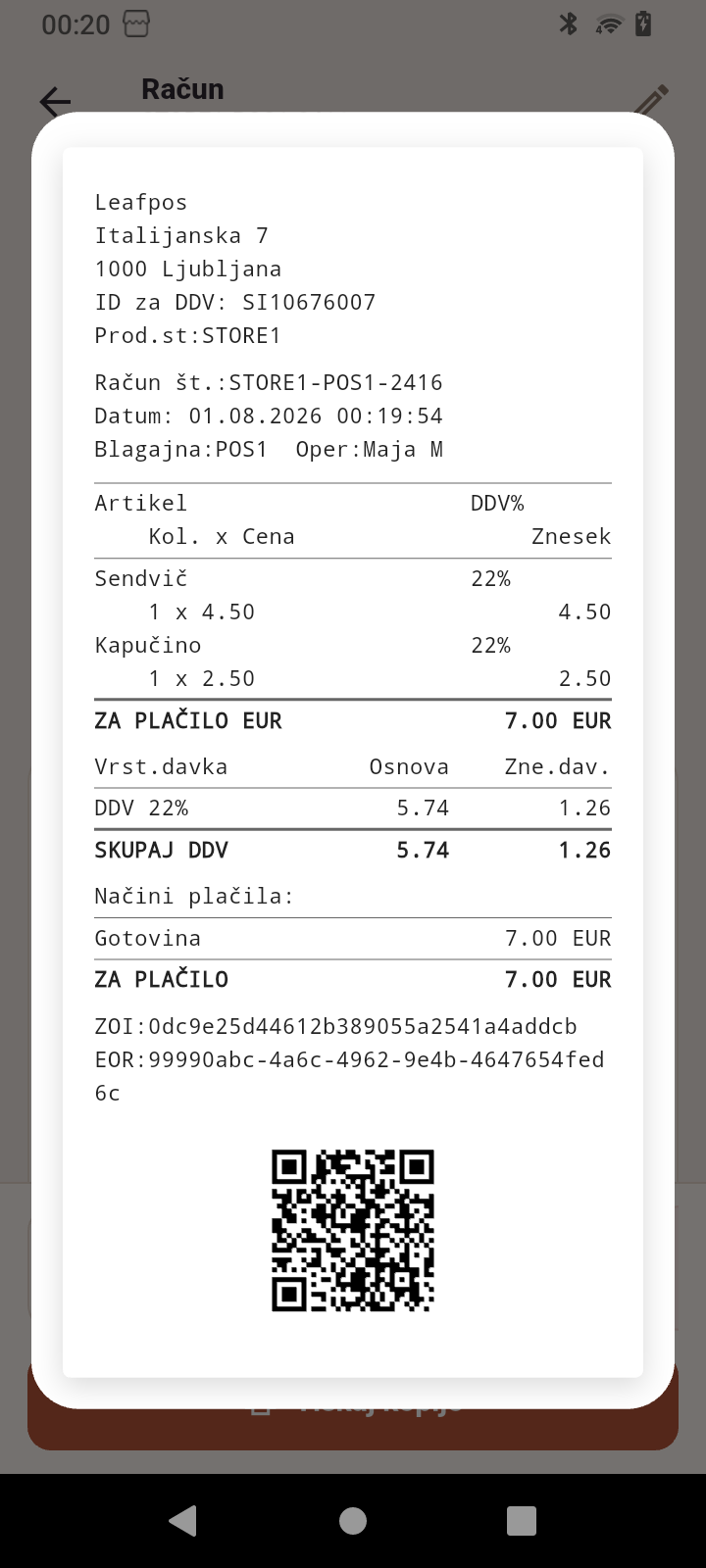 Predogled računa z QR kodo v aplikaciji LeafPOS