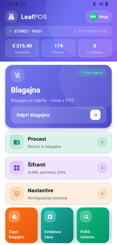 Domači zaslon LeafPOS na telefonu v temi Indigo