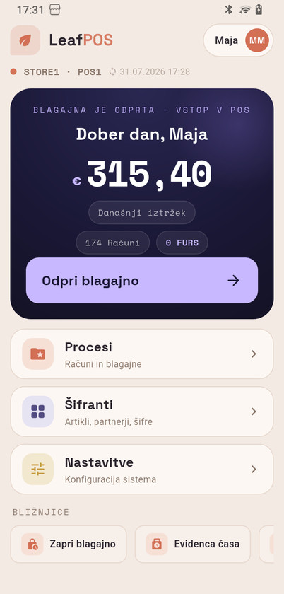 Domači zaslon LeafPOS na telefonu z dnevnim iztržkom in bližnjicami