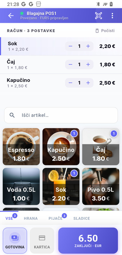 Blagajna LeafPOS na telefonu v temi Indigo z odprtim računom